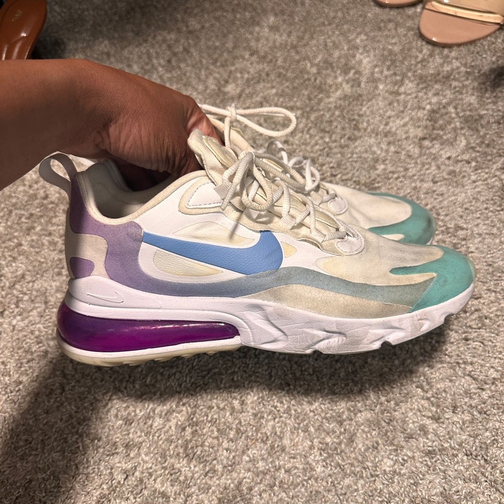 Nike Air Max 270 React in White, Blue, and Purple
